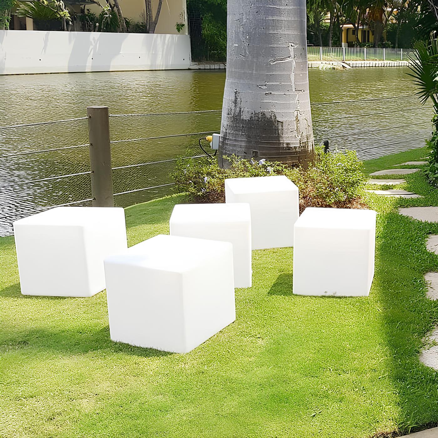 Outdoor Floor Lamp - White LED Cube Garden Lighting