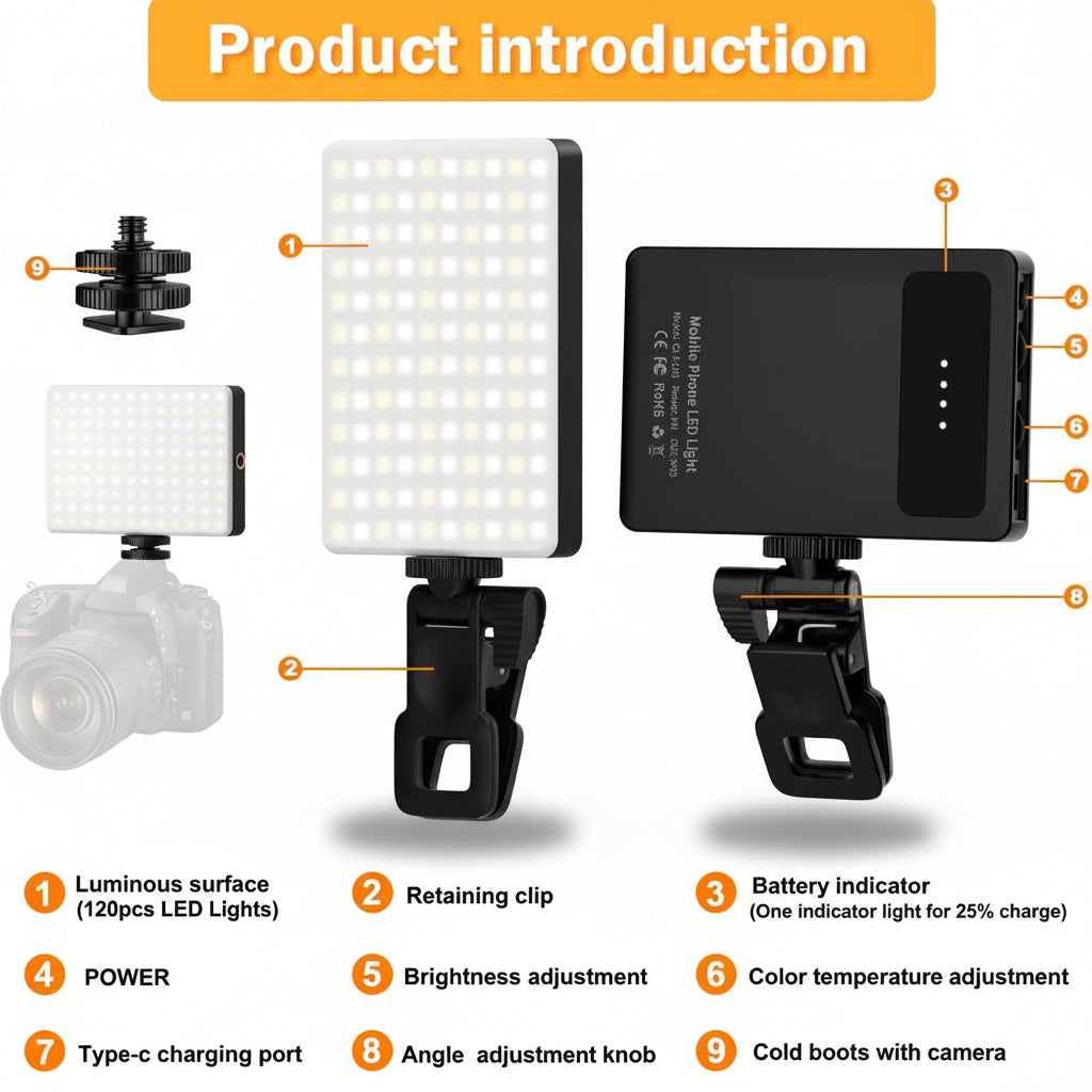 Adjustable LED Camera Light for Phones - Clip-On Selfie Illumination