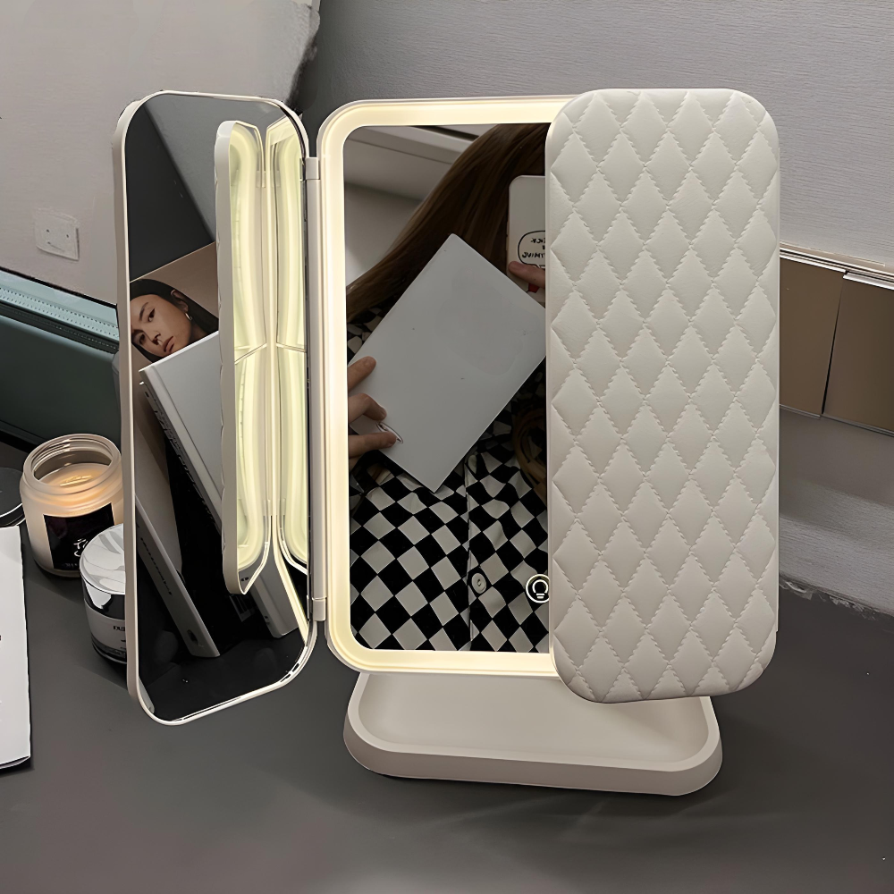 Foldable LED Makeup Mirror with Triple Magnification and Adjustable Lighting