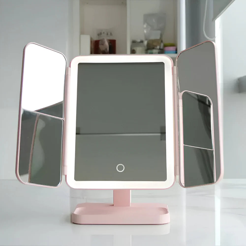 Foldable LED Makeup Mirror with Triple Magnification and Adjustable Lighting