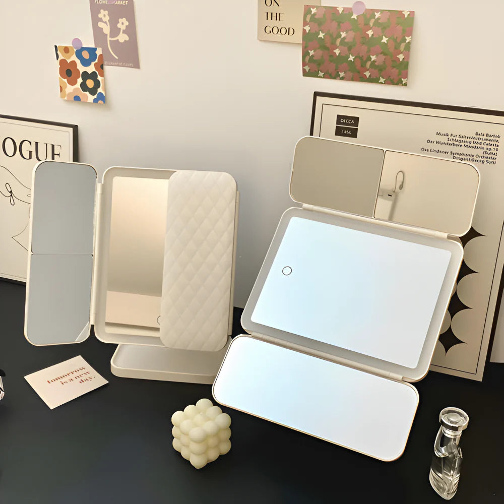 Foldable LED Makeup Mirror with Triple Magnification and Adjustable Lighting