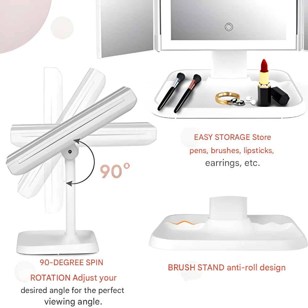 Foldable LED Makeup Mirror with Triple Magnification and Adjustable Lighting