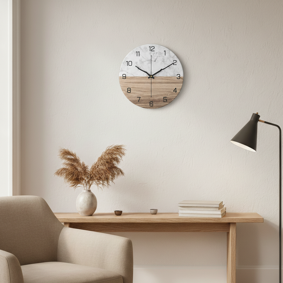 11.81-Inch Decorative Wall Clock with Marble Design and Silent Quartz Mechanism