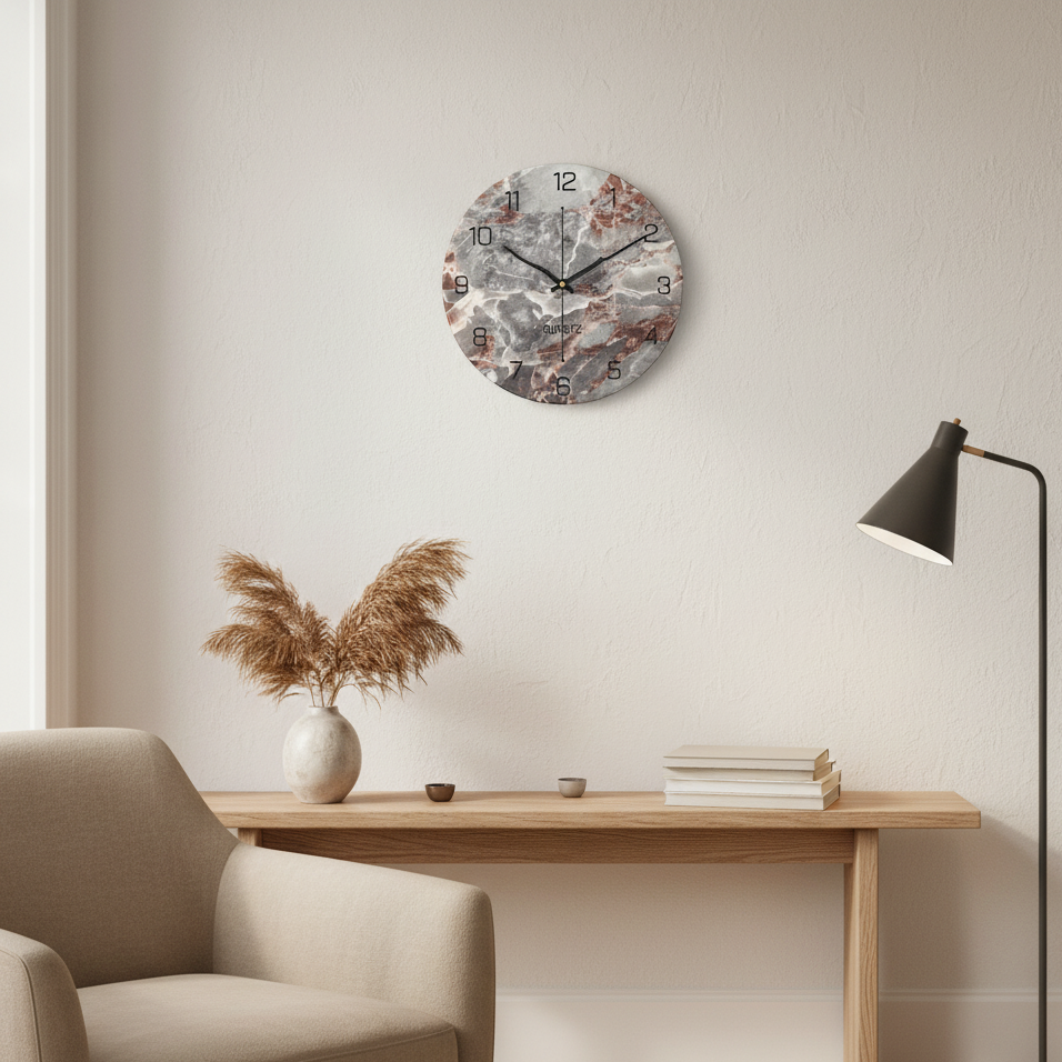 11.81-Inch Decorative Wall Clock with Marble Design and Silent Quartz Mechanism