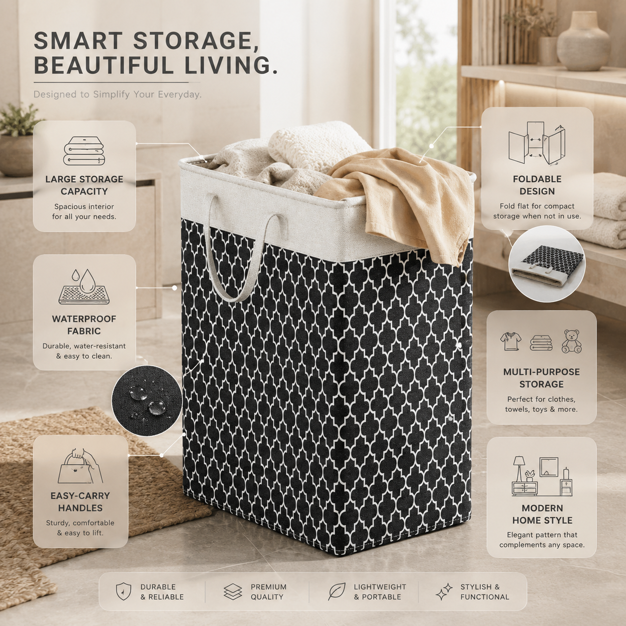 75L Waterproof Laundry Basket - Foldable Fabric Hamper with Handles