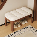 Comfortable Low Stool in PU Leather and Solid Wood for Entryway or Living Room