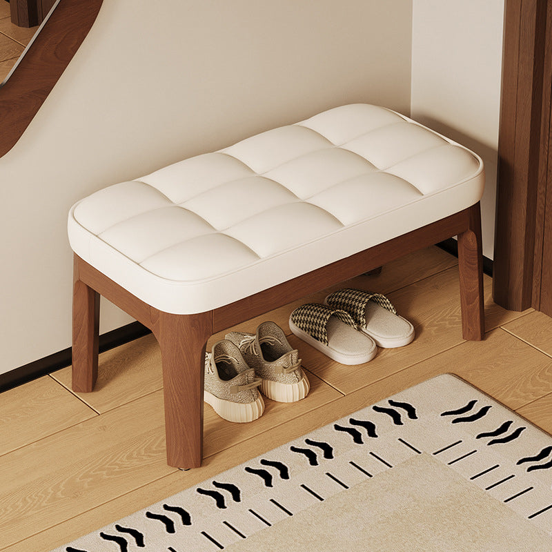 Comfortable Low Stool in PU Leather and Solid Wood for Entryway or Living Room