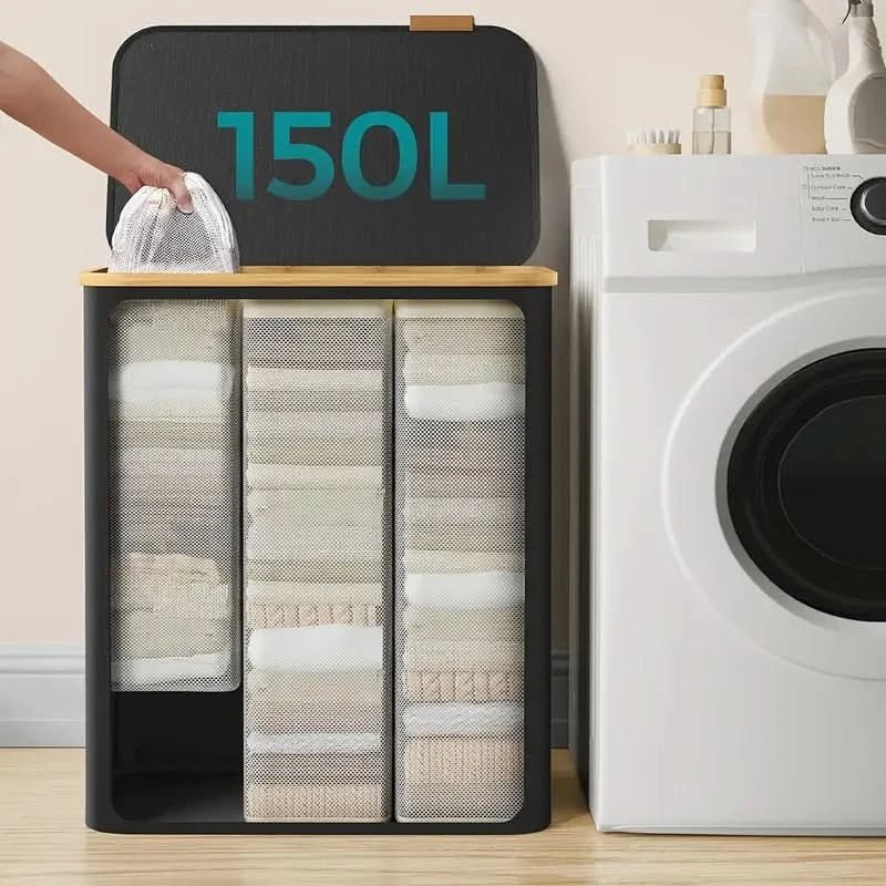 140L Capacity Laundry Basket - Sturdy Fabric, 3 Sections