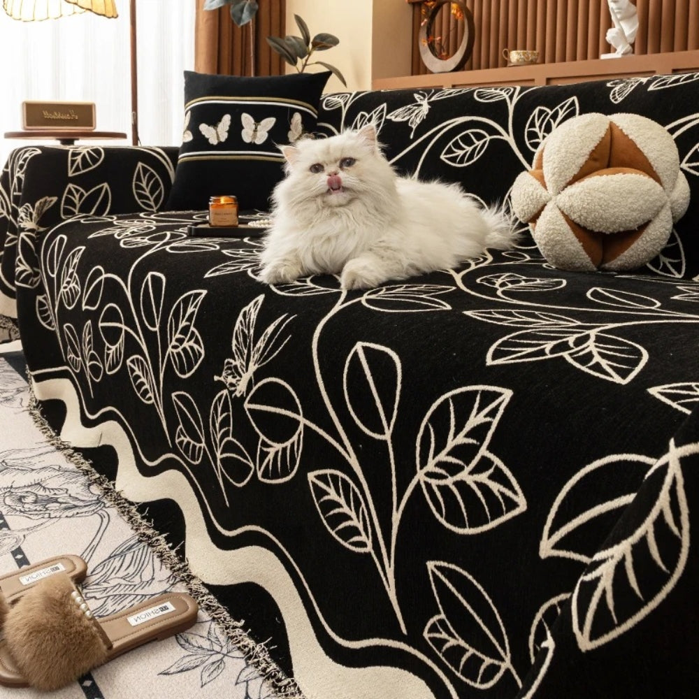 Elegant Chenille Sofa Cover in Leaf Pattern