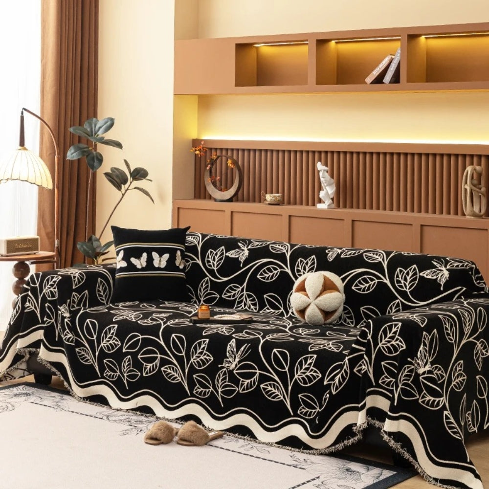 Elegant Chenille Sofa Cover in Leaf Pattern