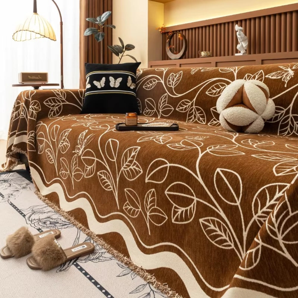 Elegant Chenille Sofa Cover in Leaf Pattern