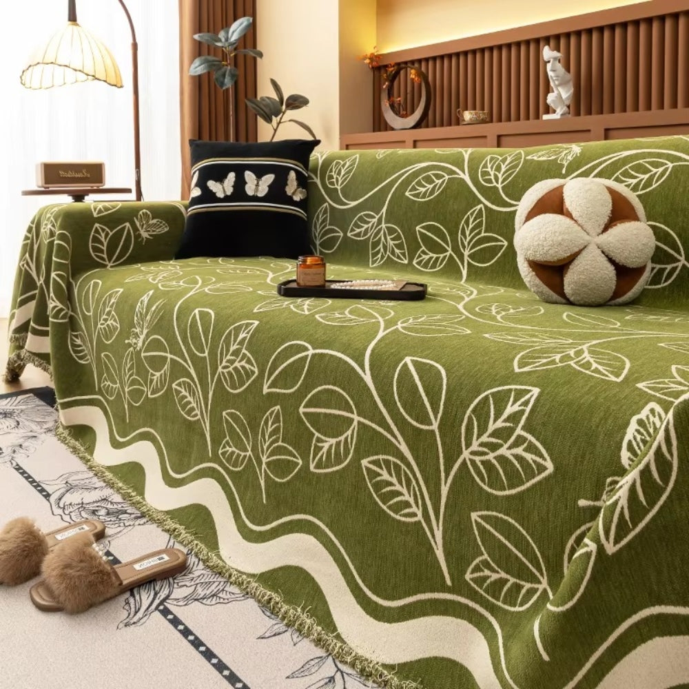 Elegant Chenille Sofa Cover in Leaf Pattern