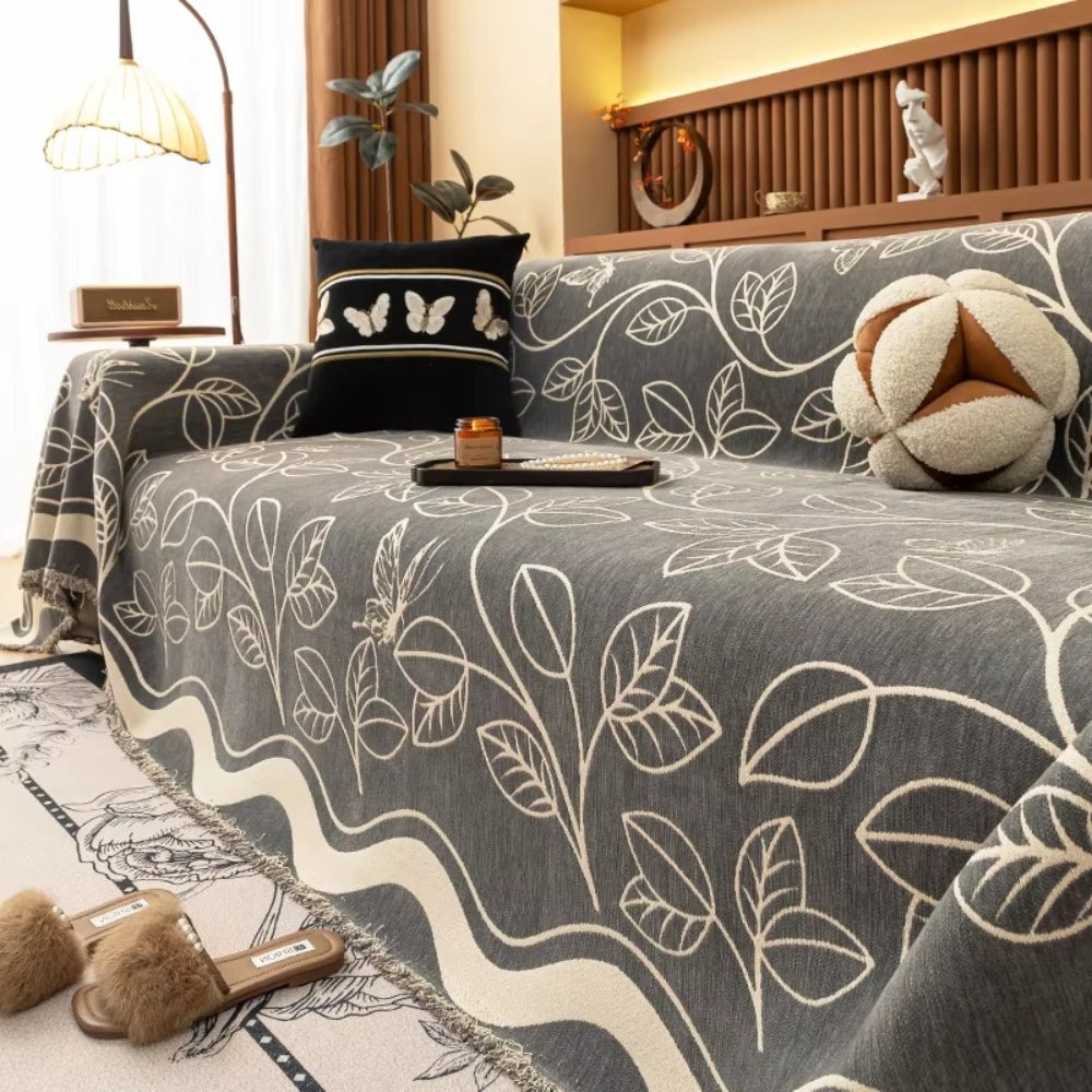 Elegant Chenille Sofa Cover in Leaf Pattern
