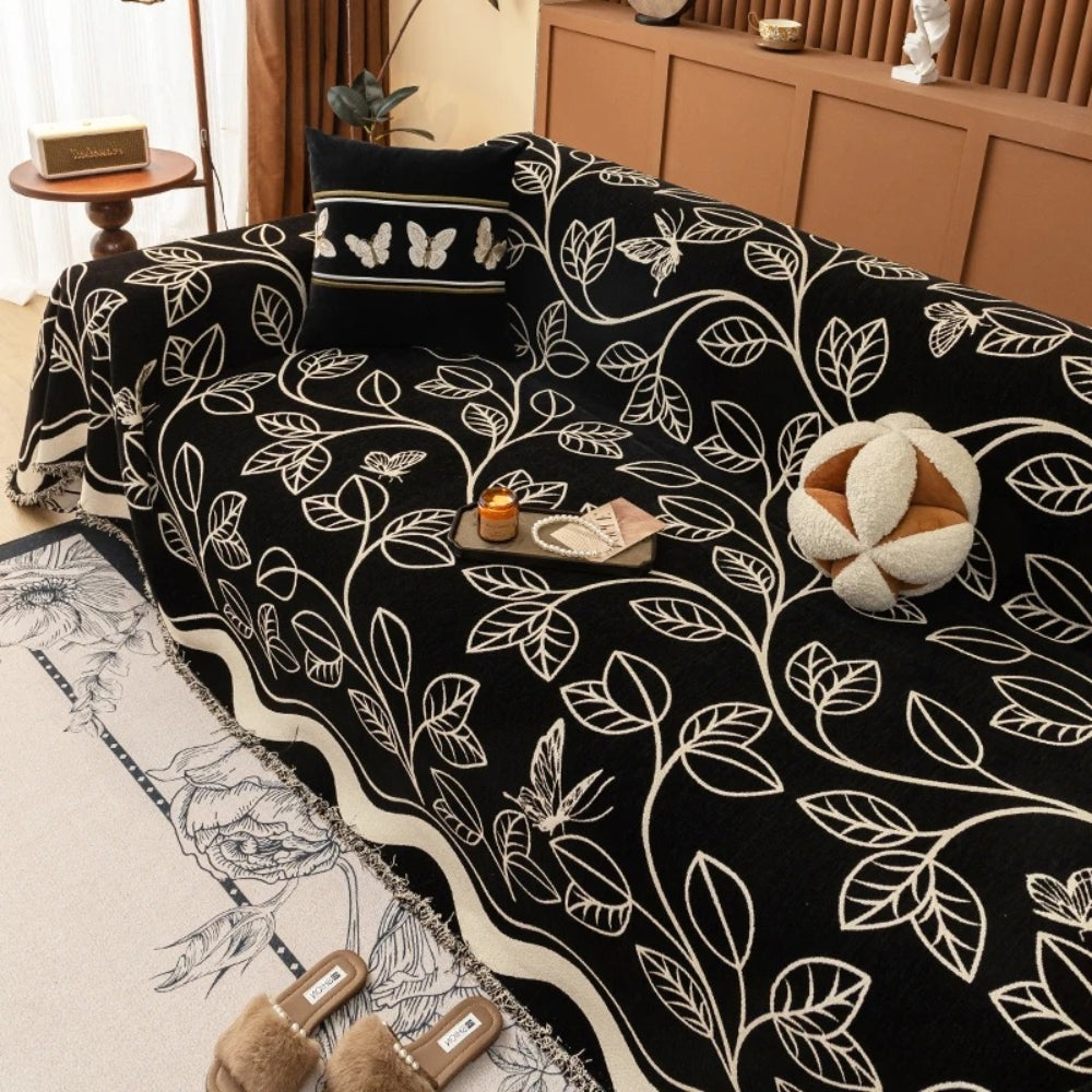 Elegant Chenille Sofa Cover in Leaf Pattern