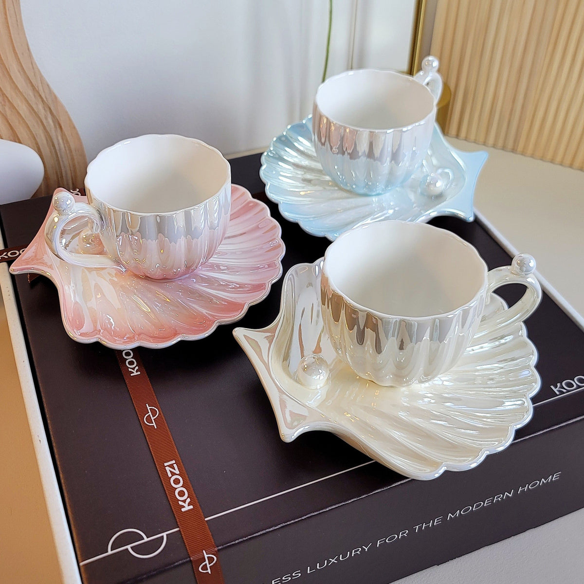 Ocean Pearl Elegance Ceramic Tea Cup Set - Coastal Inspired Design