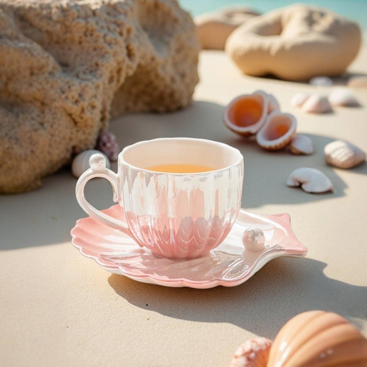 Ocean Pearl Elegance Ceramic Tea Cup Set - Coastal Inspired Design