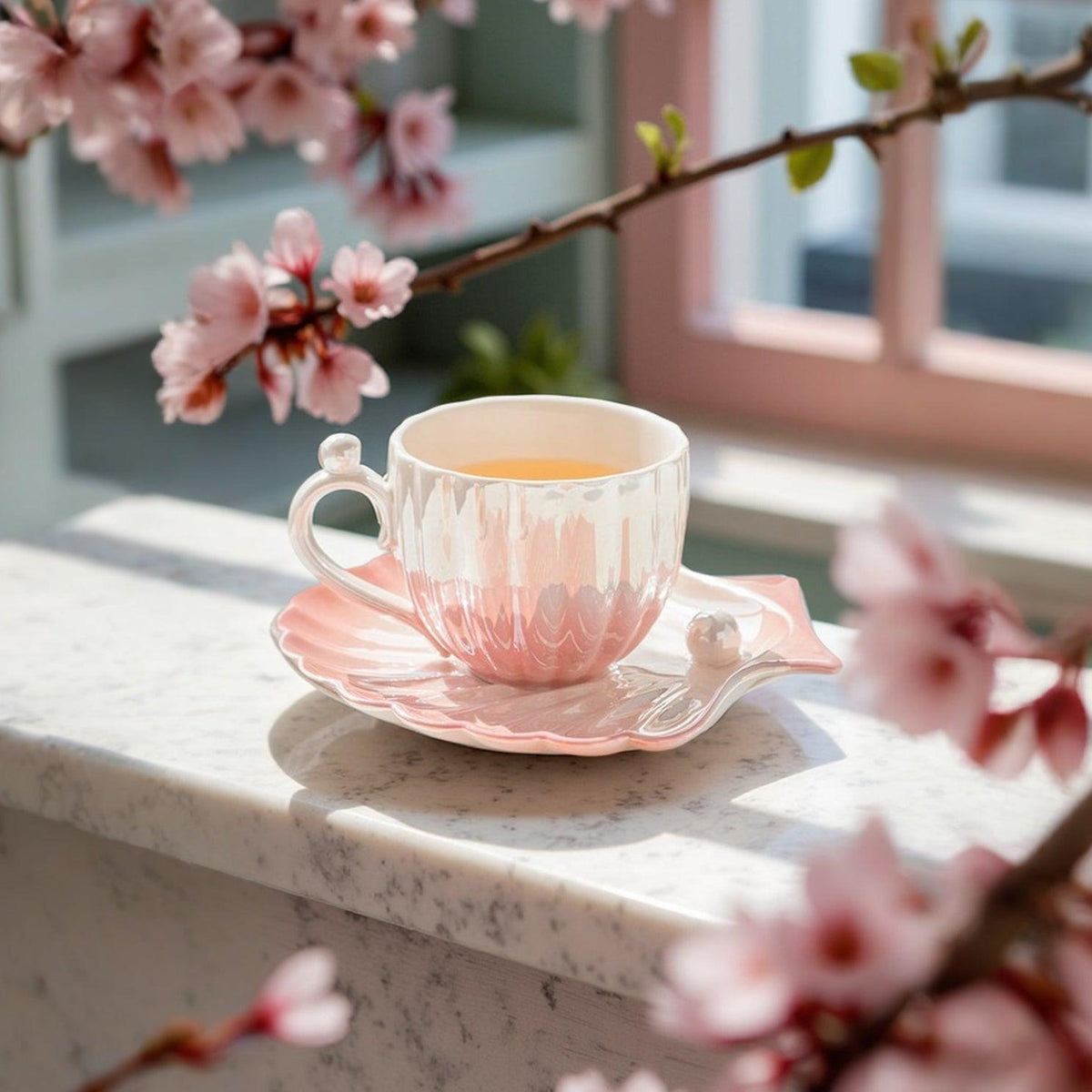 Ocean Pearl Elegance Ceramic Tea Cup Set - Coastal Inspired Design