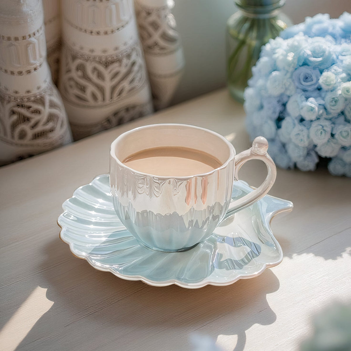 Ocean Pearl Elegance Ceramic Tea Cup Set - Coastal Inspired Design