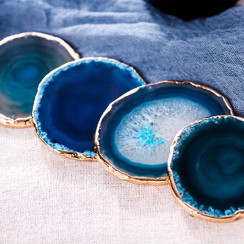 Set of 2 Blue Agate Coasters with Gold Highlights – Distinctive Stone Decor