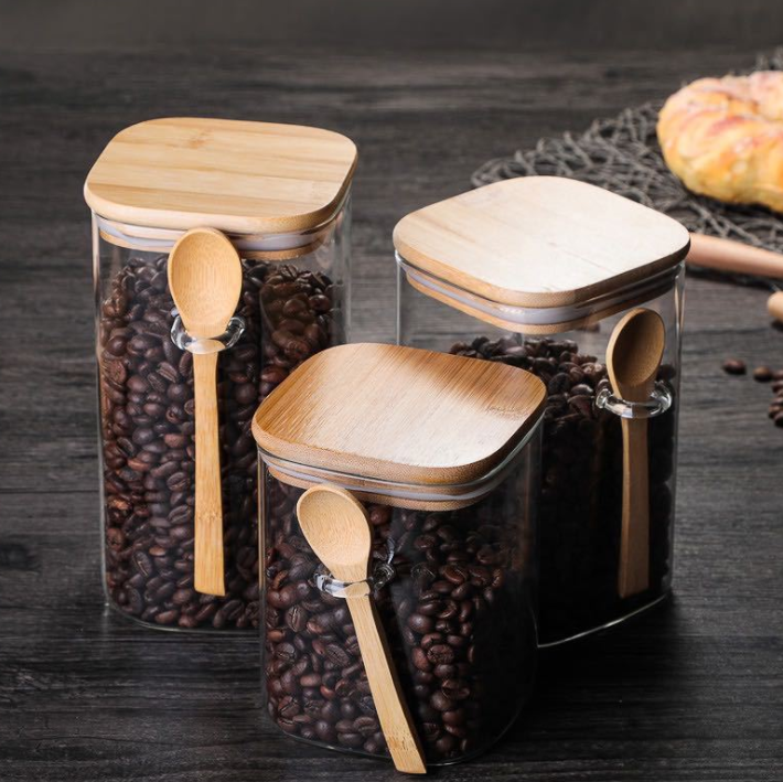 Elegant Glass Coffee Container with Wooden Lid and Spoon – 3 Sizes