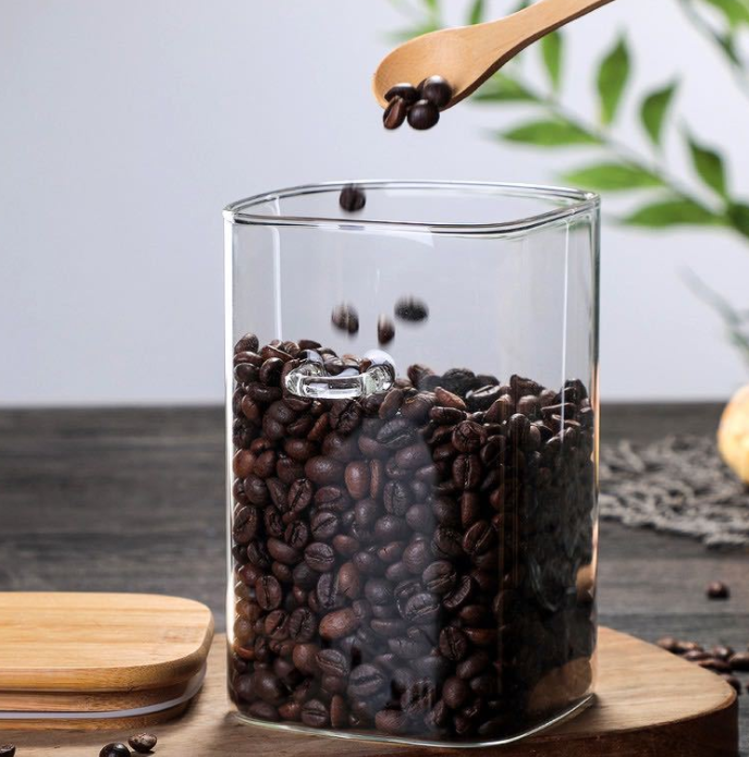 Elegant Glass Coffee Container with Wooden Lid and Spoon – 3 Sizes