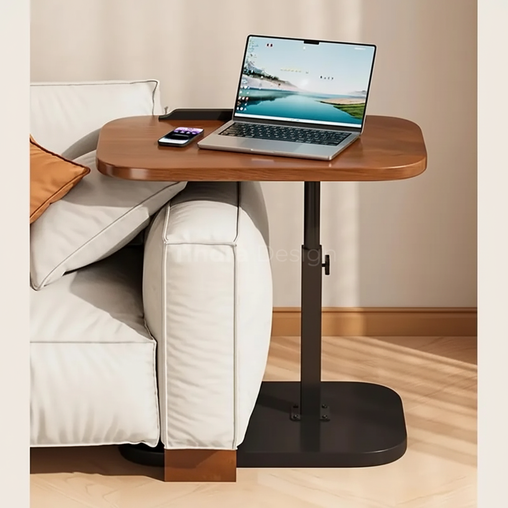 Adjustable C-Shaped Sofa Table in Walnut for Laptops