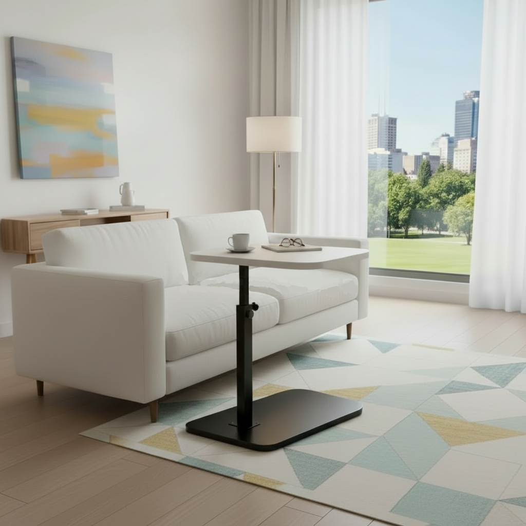 Adjustable C-Shaped Sofa Table in Walnut for Laptops