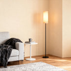 Tri-Color LED Floor Lamp with Linen Shade and Black Wrought Iron Design