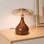 Amber Glass Disc Table Lamp with Wooden Base – Stylish Nightstand Lighting