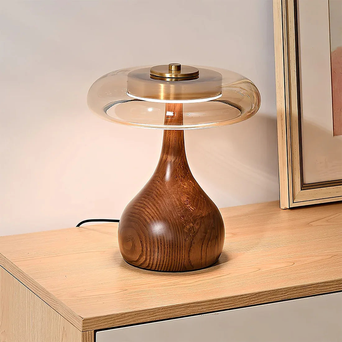 Amber Glass Disc Table Lamp with Wooden Base – Stylish Nightstand Lighting