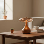 Amber Glass Disc Table Lamp with Wooden Base – Stylish Nightstand Lighting