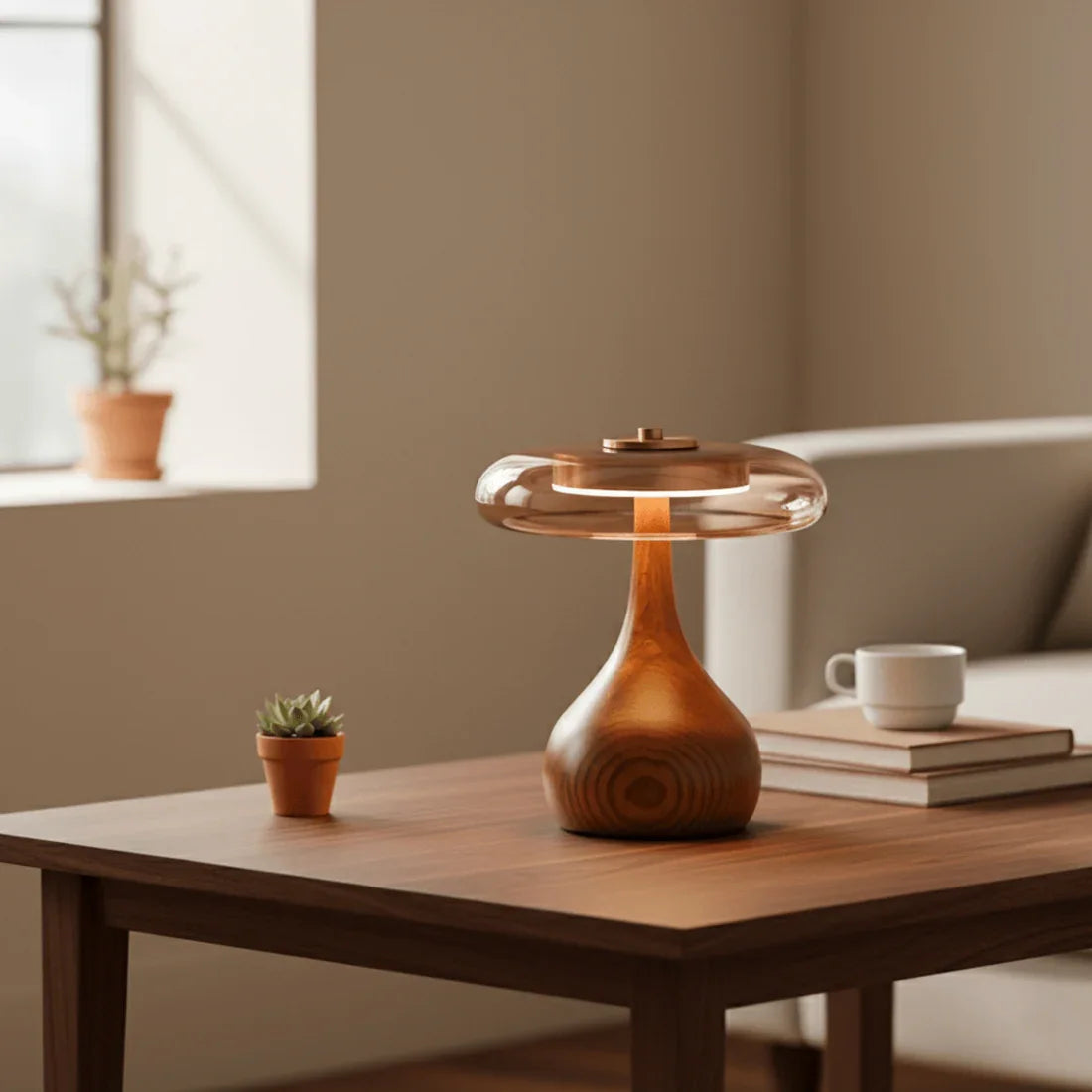 Amber Glass Disc Table Lamp with Wooden Base – Stylish Nightstand Lighting