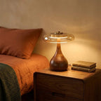 Amber Glass Disc Table Lamp with Wooden Base – Stylish Nightstand Lighting
