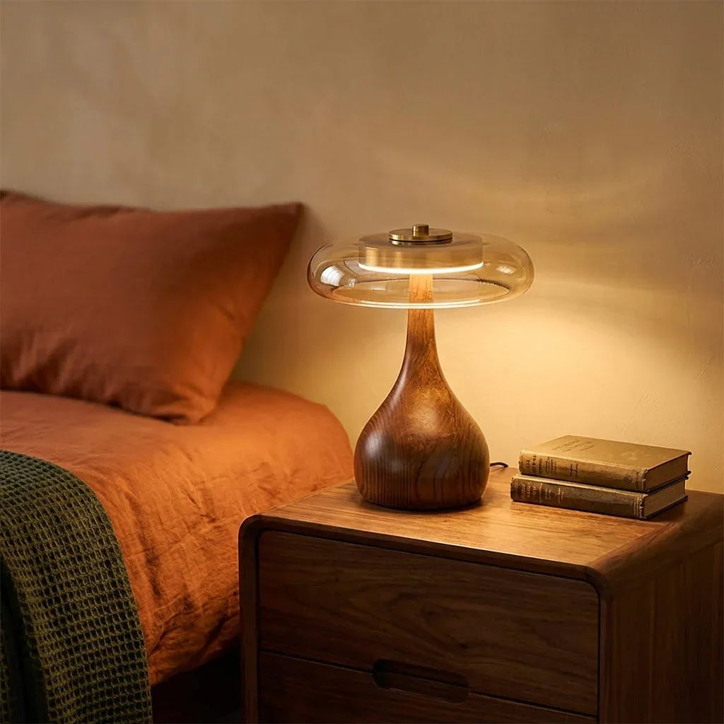 Amber Glass Disc Table Lamp with Wooden Base – Stylish Nightstand Lighting
