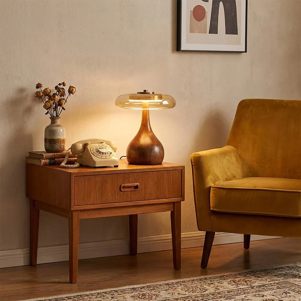 Amber Glass Disc Table Lamp with Wooden Base – Stylish Nightstand Lighting