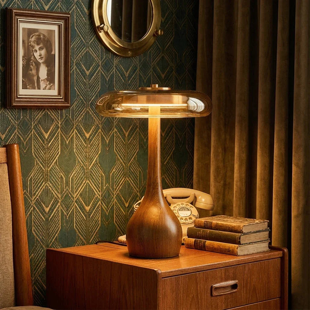 Amber Glass Disc Table Lamp with Wooden Base – Stylish Nightstand Lighting