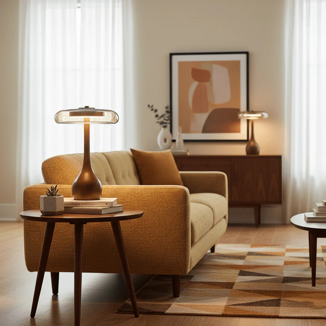 Amber Glass Disc Table Lamp with Wooden Base – Stylish Nightstand Lighting