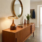 Amber Glass Disc Table Lamp with Wooden Base – Stylish Nightstand Lighting