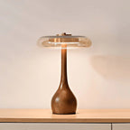 Amber Glass Disc Table Lamp with Wooden Base – Stylish Nightstand Lighting