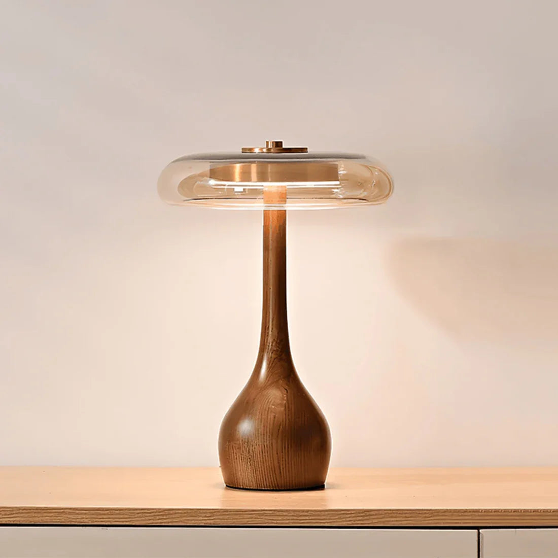 Amber Glass Disc Table Lamp with Wooden Base – Stylish Nightstand Lighting