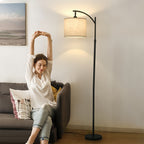Adjustable Height Arc Floor Lamp with Fabric Shade and Marble Base