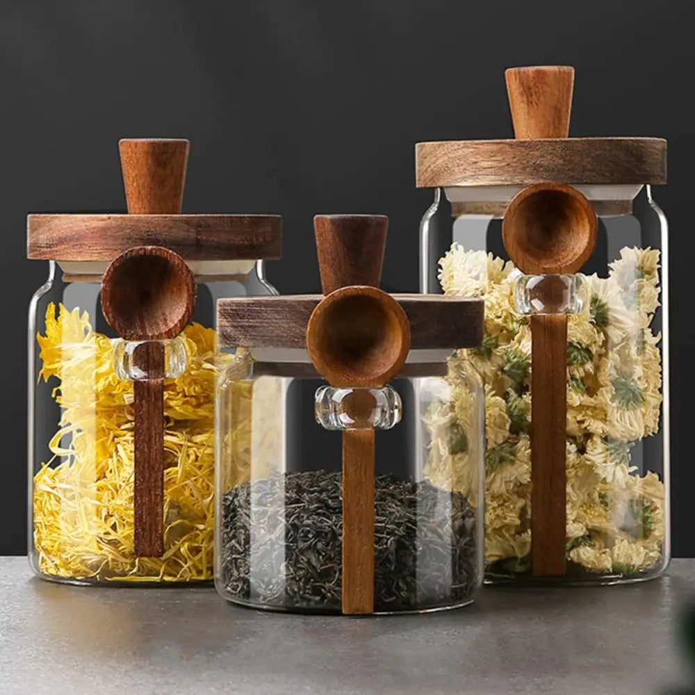 Sleek Glass Canisters with Wooden Lids for Kitchen Storage