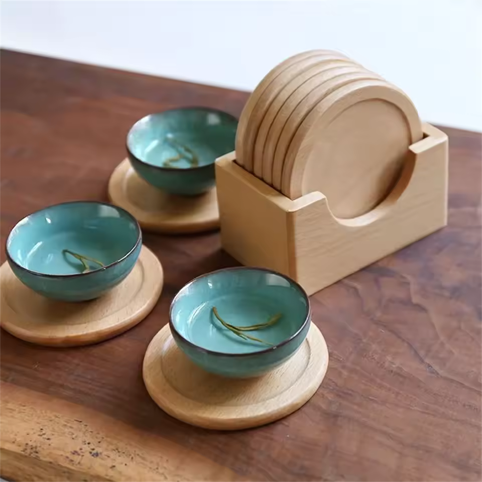 Set of 6 Wooden Coasters with Holder – Walnut and Beech for Home Use