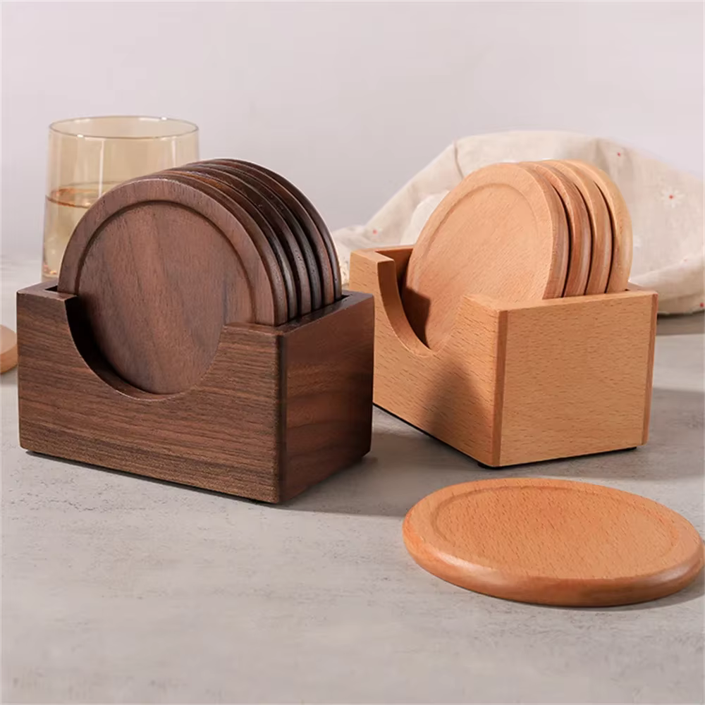 Set of 6 Wooden Coasters with Holder – Walnut and Beech for Home Use