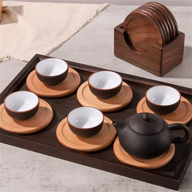 Set of 6 Wooden Coasters with Holder – Walnut and Beech for Home Use