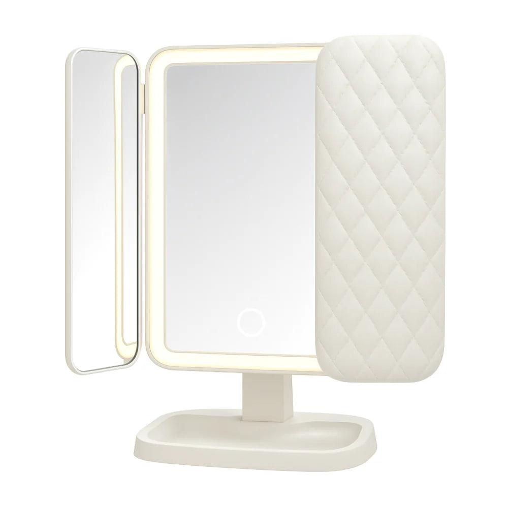 Foldable LED Makeup Mirror with Triple Magnification and Adjustable Lighting
