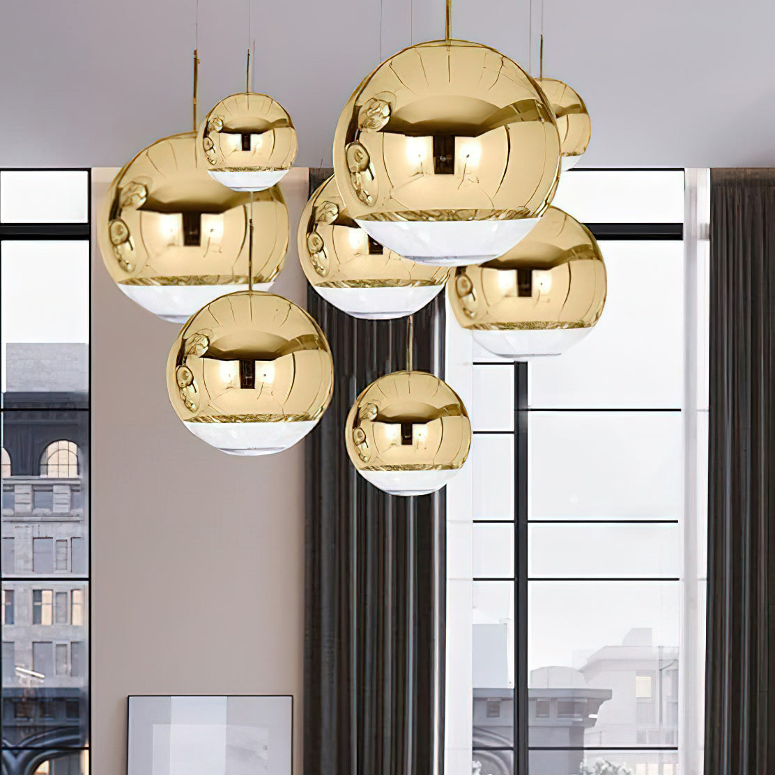Adjustable Height Pendant Light – Modern Gold and Chrome Mirror Ball Design