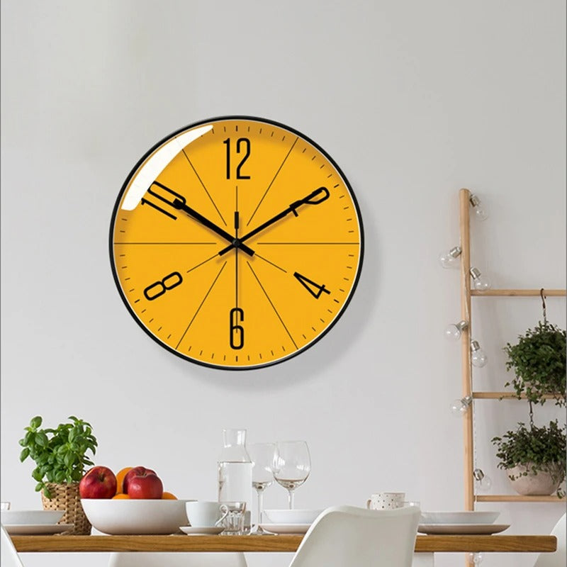 Yellow Dial Round Clock with Black Frame for Wall Decor