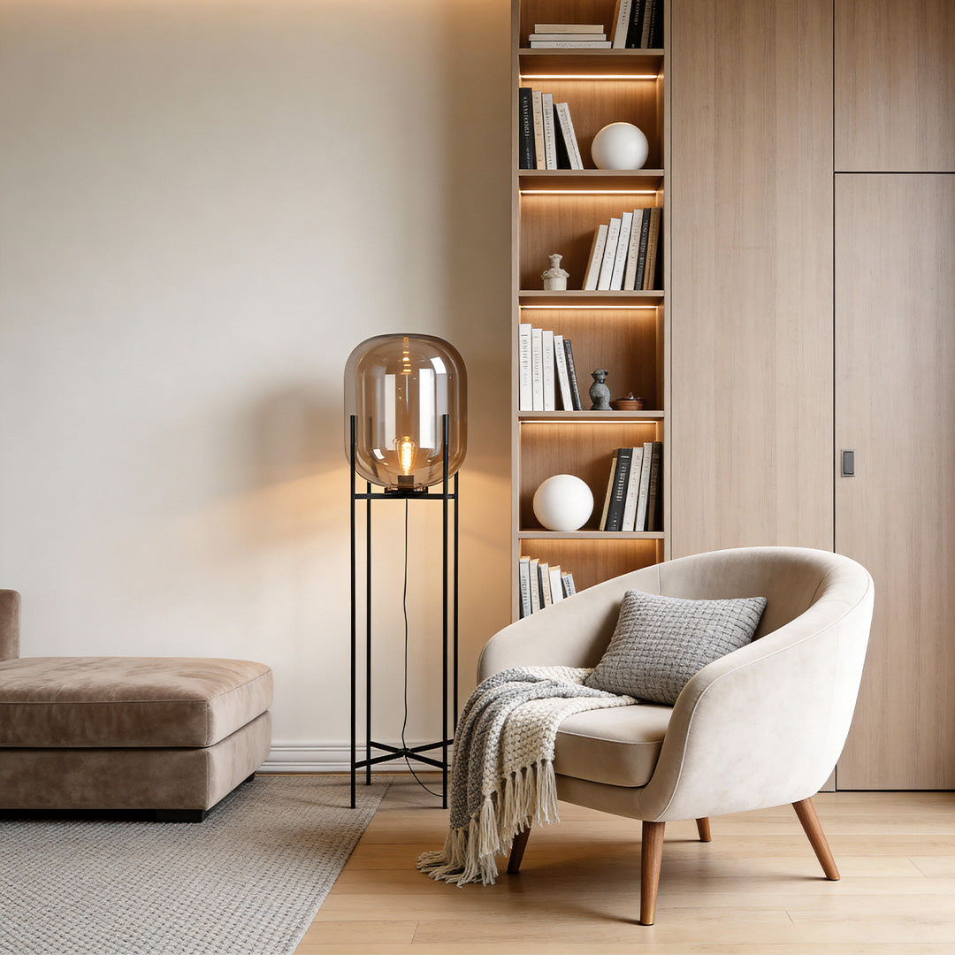 Industrial Standing Lamp with Bubble Glass Shade – Black Floor Light for Living Room, Available in Amber and Smoked Gray