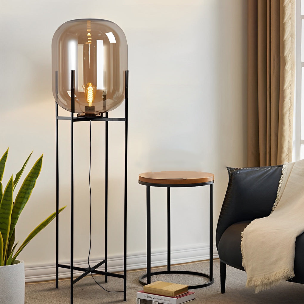 Industrial Standing Lamp with Bubble Glass Shade – Black Floor Light for Living Room, Available in Amber and Smoked Gray